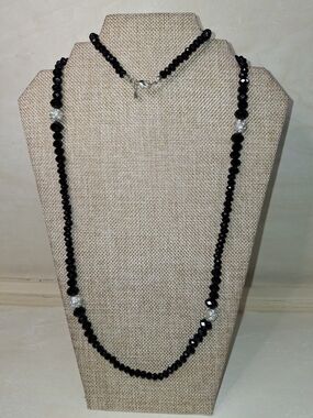 RMN Elegant Black Crystal Long Necklace with Silver Accent Beads
